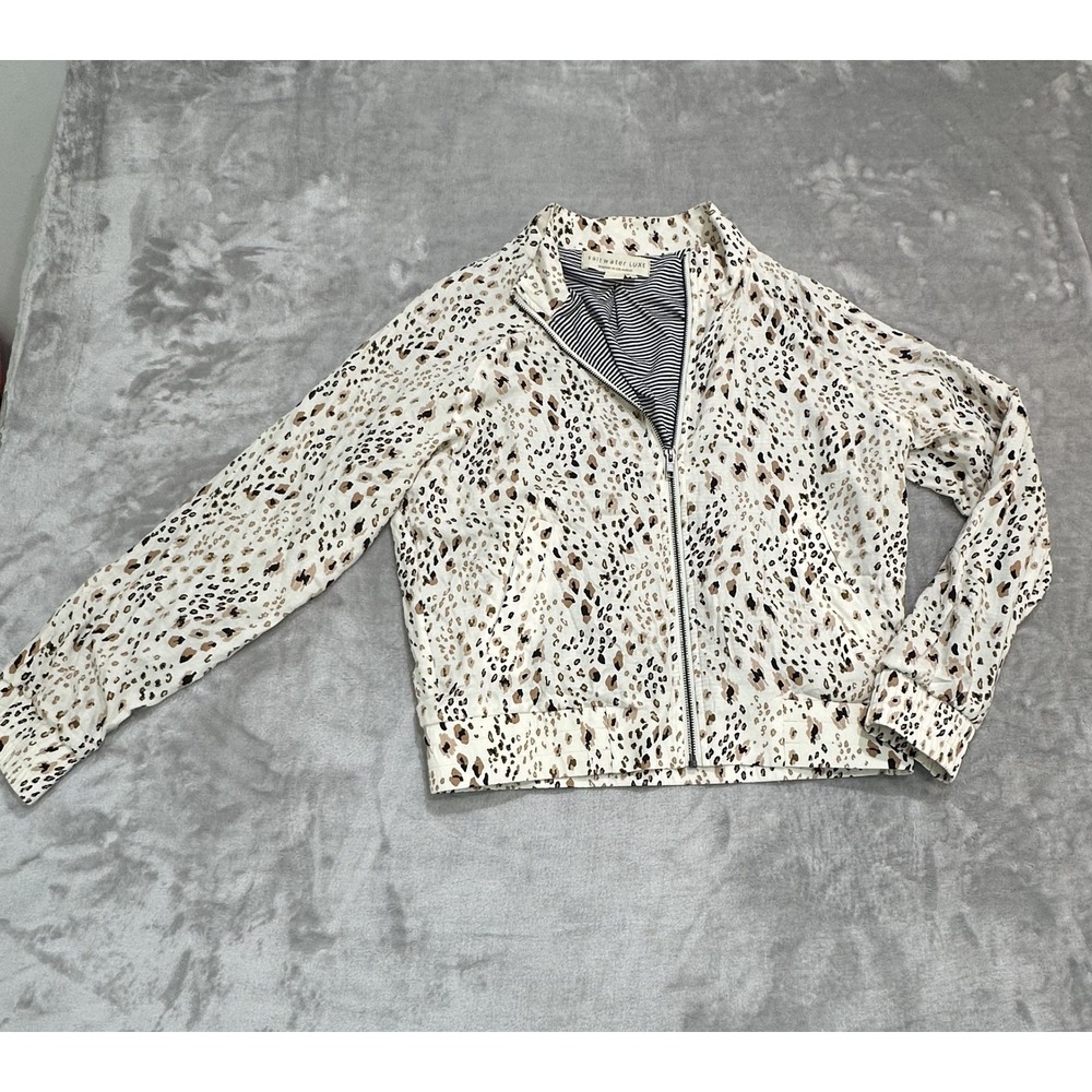 Saltwater Luxe Women's Full Zip Jacket Long Sleeve Off White Leopard Print Lined